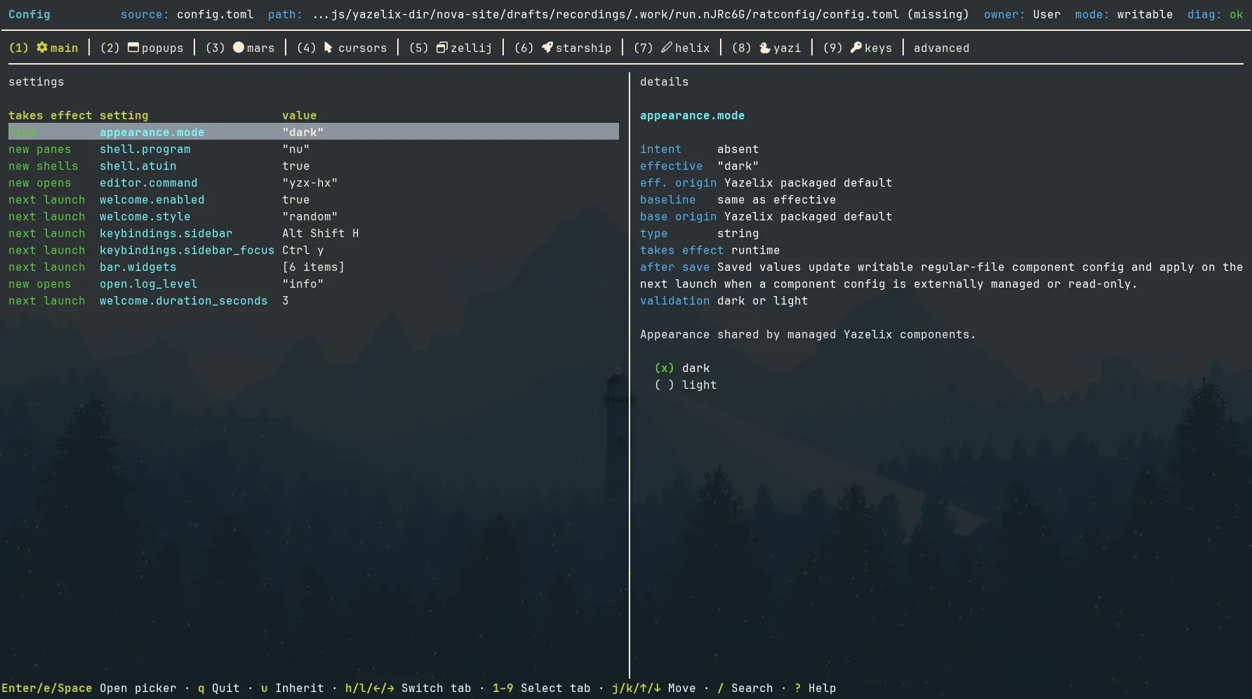 Ratconfig showing Nova’s packaged defaults and an absent user config