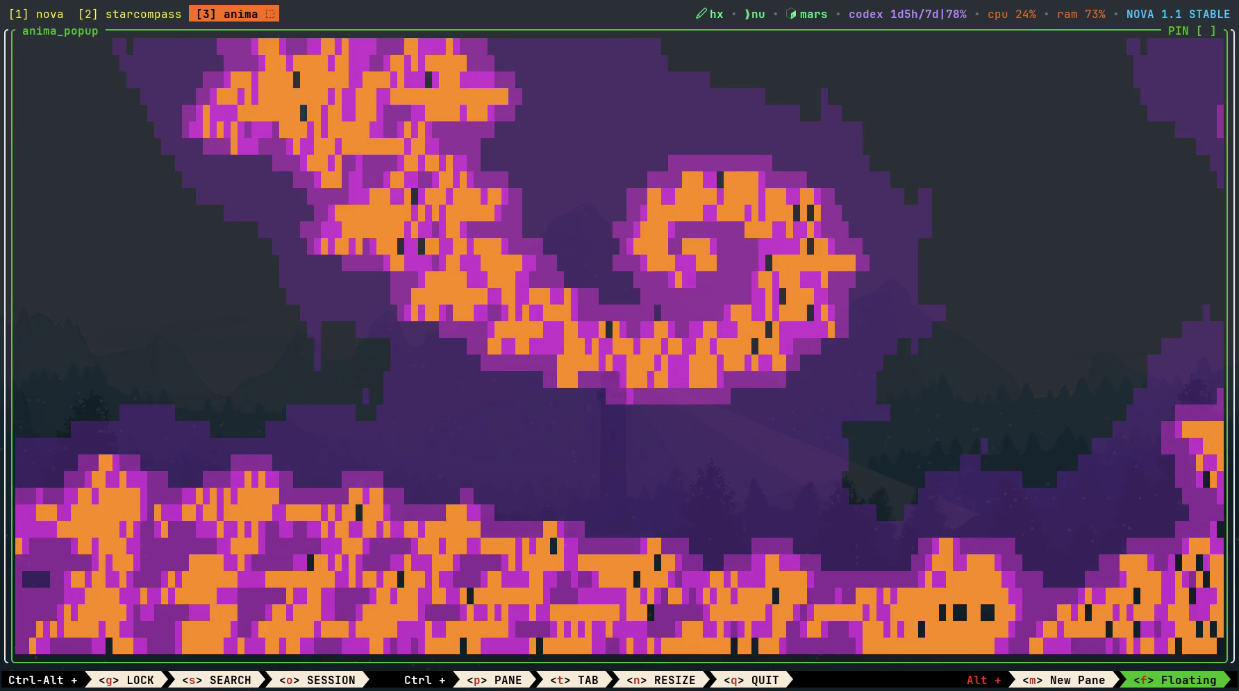 Yazelix Nova Mandelbrot popup on the Anima tab during the Nova in under 60 seconds take
