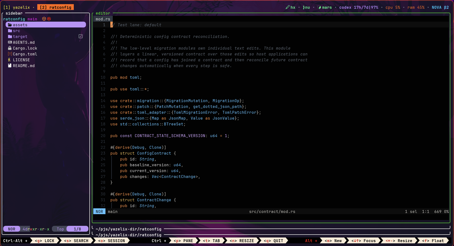 Yazelix Nova workspace with Yazi, Helix, shell, and runtime status
